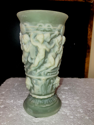 #ad 1960#x27;s Design Incolay Vase Jar Stone HINT OF Blue green Cherubs Neoclassical $79.95