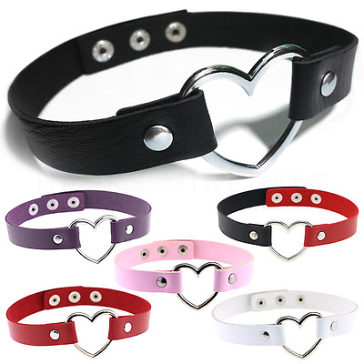 #ad Leather Heart Choker Collar Punk Goth Adjustable Rivet Necklace Love O Ring $6.98