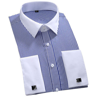 #ad Mens Long Sleeves Shirts French Cuff Business Strips Dress With Cufflinks Shirts $19.12