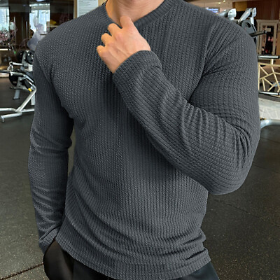 #ad Fitness Fashion American Long Sleeve Men#x27;s Round Neck Knit Pullover T Shirt Tops $27.98