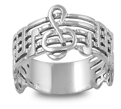 #ad Sterling Silver Woman#x27;s Treble Clef Note Ring Wholesale 925 Band 12mm Sizes 1 13 $13.99