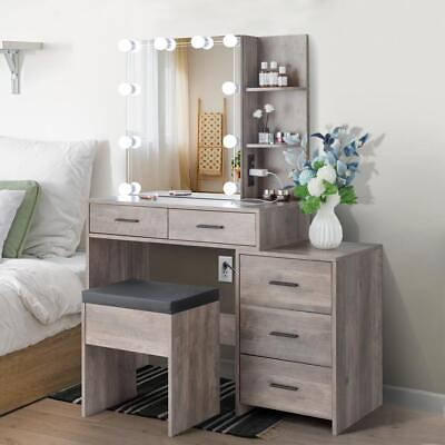 #ad Led Lighted Vanity Set with Sliding Mirror Makeup Dressing Table 5Drawer Cabinet $172.99