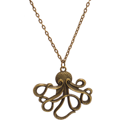 Vintage Steampunk Octopus Necklace Pendant Bronze Nautical Octopus Sweater Chain $7.99