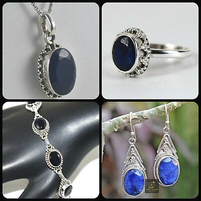 #ad 925 Silver Sapphire Handmade Pendant Earrings Ring Bracelet 4 Pc Party Wear Set $159.07