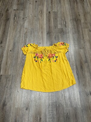#ad Mexican Embroidered Floral Blouse Dark Yellow Size XL $24.99