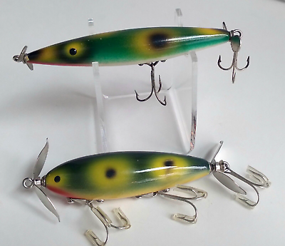 #ad 2 VTG Propeller Unmarked Torpedo Shape Fishing Lures Green Frog Patten Red Chin $29.95