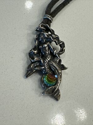 #ad Sterling Silver Mermaid And Dolphin Pendant Necklace On A 27” Cord Patina C $57.00