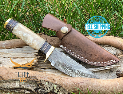 #ad Custom HAND FORGED DAMASCUS STEEL HUNTING KNIFE White Resin Brass Guard Handle $23.99