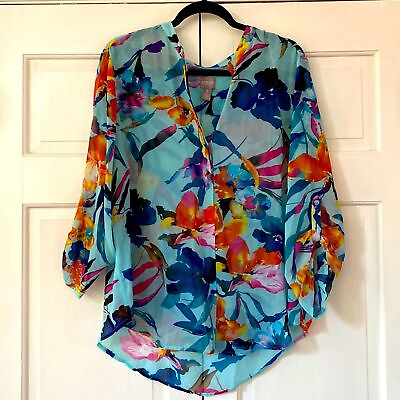 #ad Chico’s Size 3 Bright Abstract Floral Split Neck Flattering Blouse Chicos XL $45.00