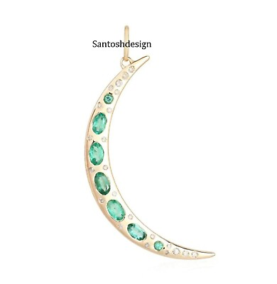 #ad Beautiful Half Moon Sterling Silver Emerald Blue Sapphire Diamond Charm Pendant $119.03