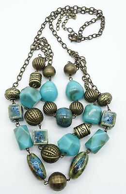 #ad Bronze tone Triple Chain amp; Blue Acrylic Pottery Bead Necklace Estate Jewelry 25quot; $18.95
