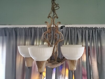 #ad Antique Art Nouveau Cast Iron Pendant Ceiling 5Light Chandelier Milk glass D 009 $350.00