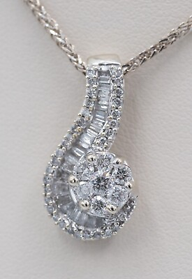 #ad 14KT White Gold 1.07 cttw Natural Round Baguette Diamond Swirl Pendant GIA $1399.99