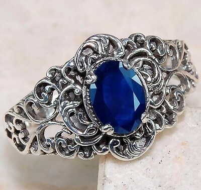 #ad Natural 1CT Blue Sapphire 925 Solid Sterling Silver Filigree Ring Sz 8 FM8 $29.99