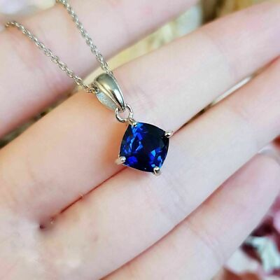 #ad 3.00 Ct Cushion Simulated Blue Pendant With Chain 14k White Gold Plated Silver $93.74