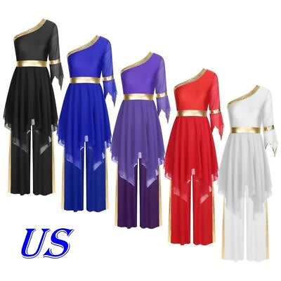 #ad US Women Praise Dance One Shoulder Sequin Worship Dress Palazzo Pants Dancewear $8.17