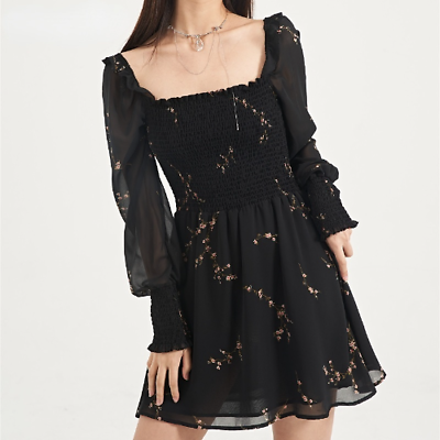 #ad Vintage Sexy Dress for Women Party Flower Long Puff Sleeve Chiffon Casual Dress $35.60