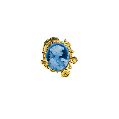 #ad 14k Gold Italian Head of a Goddess Carved in Blue Agate Yellow Gold Cameo Ring $839.99
