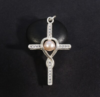 #ad Pearl Cross Pendant 925 Silver Sparkle Multi Stone Cross Fashion Gems Charm $45.00