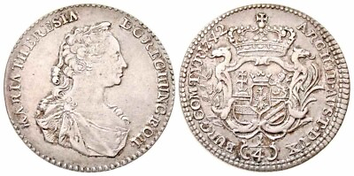 #ad 1742 Austria Silver Coin Quarter Thaler Empress Maria Theresa Facing Right XF $477.77