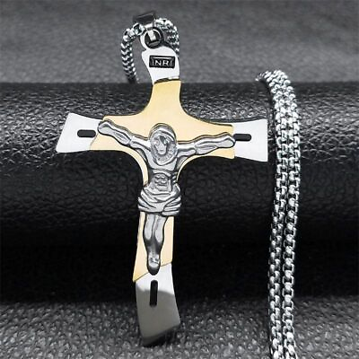#ad Unisex Crucifix Necklace Cross Jesus Pendant Choker Stainless Steel Jewelry 1Pc $17.18