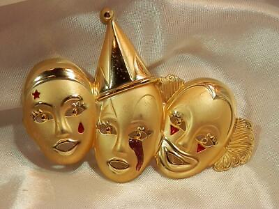 #ad XX Fun Vintage 1970#x27;s Massive Gold Tone Three Clowns Mask Circus Brooch 642AG9 $14.99