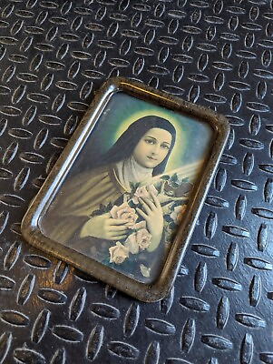 #ad Vintage Saint Theresa Therese Little Flower Framed Color Print Catholic Roses $19.99