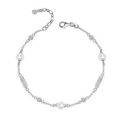 #ad 925 Sterling Silver CZ Freshwater Pearl Station Bracelet for Women amp; Girls $21.99