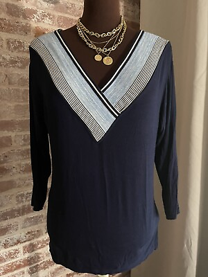 #ad Chico#x27;s Women’s 1 Elegant Stretchy Blouse Tunic Top Long Sleeve Blue Nautical $18.00
