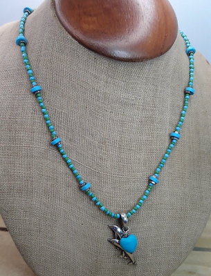 #ad Vintage Artisan Made Turquoise Sterling Silver Dolphin Pendant Necklace 17quot; $32.99