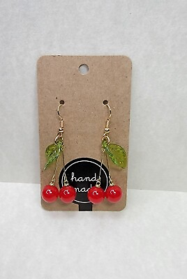 #ad Red dangle cherry earrings with green leaves beautiful earrings $9.00