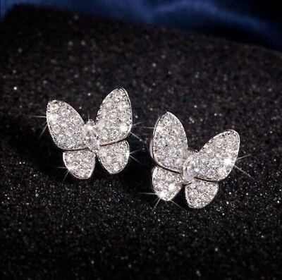 #ad 1 Ct Cut Simulated Diamond 14K White Gold Plated Silver Butterfly Stud Earrings $140.99