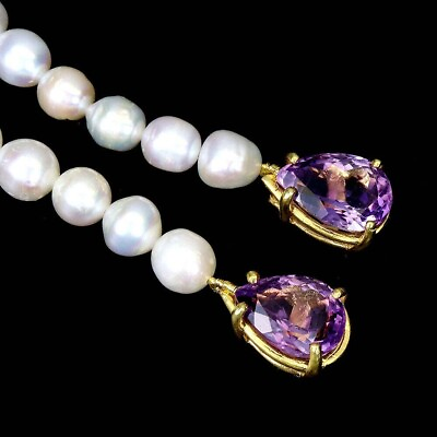 #ad Pear Amethyst 60.inch unheated Necklace Pearl 925 Sterling Silver Best Necklace $102.53