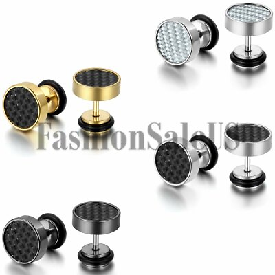 #ad New 9mm Wide Men#x27;s Stainless Steel Carbon Fiber Ear Studs Cool Earrings One Pair $7.99
