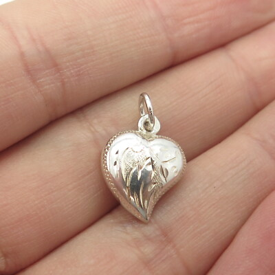 #ad 835 Silver Vintage Portugal Etched Heart Chatelaine Charm Pendant $19.95