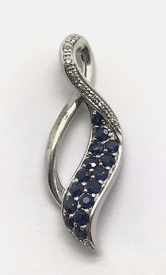 #ad Sterling Silver Blue Sapphire Cluster Diamond Swirl Pave Loop Elegant Pendant $35.60