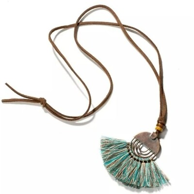 #ad NECKLACE Green Tassel Faux Leather Adjustable Bohemian Chic Ethnic Country Rodeo $15.88