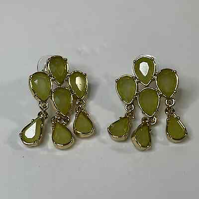 #ad earrings Green crystal in gold tone setting dangle drop fancy contemporary $15.00
