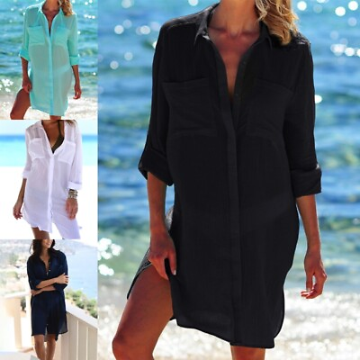 #ad Ladies Swimsuit Coverup Button down Beach Cover Up Women Summer Chiffon Solid $21.99