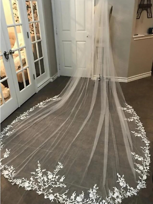 #ad Long Bridal Veil Cathedral Wedding Veil Lace Floral Edge Elegant Wedding Veil $66.85
