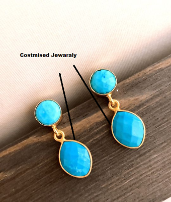 #ad 23 Ct Pear Cut Simulated Turquoise Drop Dangle Earrings 14K Yellow Gold Finish $284.03