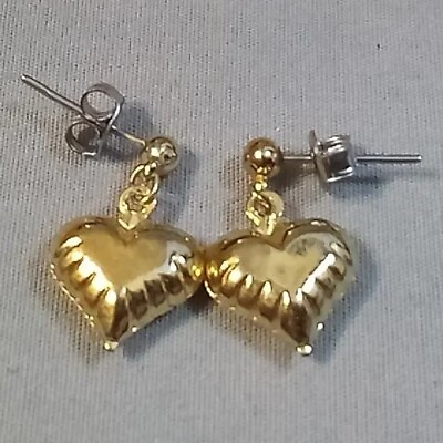 #ad Vintage Gold Tone Metal Puffy Hollow Heart Dangle Earrings Valentine#x27;s Day $8.95
