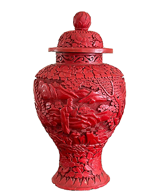#ad Antique Chinese Hand Carved Cinnabar Lacquered Covered Jar $950.00