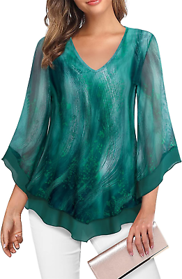 #ad Lotusmile Womens Dressy Blouse Double Layers Mesh Shirt Ruffle 3 4 $40.99