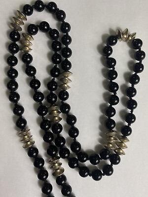 #ad VINTAGE HAND KNOTTED BLACK GLASS BEADED AND SILVER DISC NECKLACE $24.99