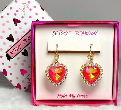#ad Betsey Johnson Rhinestone Encrusted Diamond Faceted Red Heart Dangle Earrings $29.99