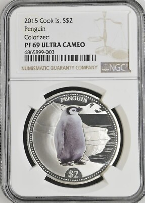 #ad 2015 COOK ISLANDS SILVER 2 DOLLARS S$2 PENGUIN NGC PF 69 ULTRA CAMEO TOP POP 1 $250.00