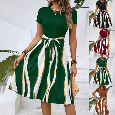 #ad Women#x27;s Elegant Printed Short Sleeve Summer A Line Dress Party Midi Dresses US $22.39