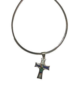 #ad Sterling Flat Necklace Choker 17” 925 Italy Cross Pendant GS Sterling Real $71.99
