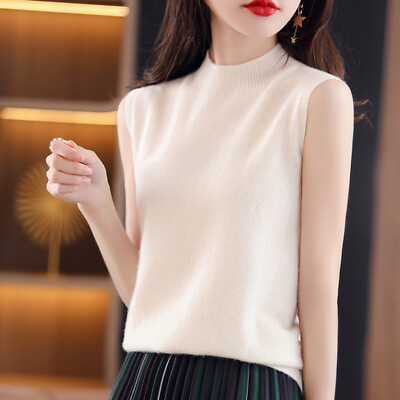 #ad Ladies Solid Knitted Vest Gilet Mock Neck Tank Top Sleeveless Sweater Slim Party GBP 9.31